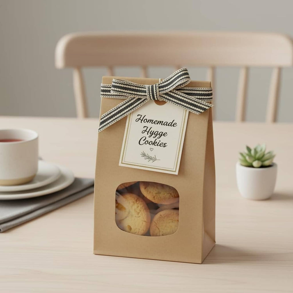 Ivory and black striped ribbon tied into a bow on a paper gift bag