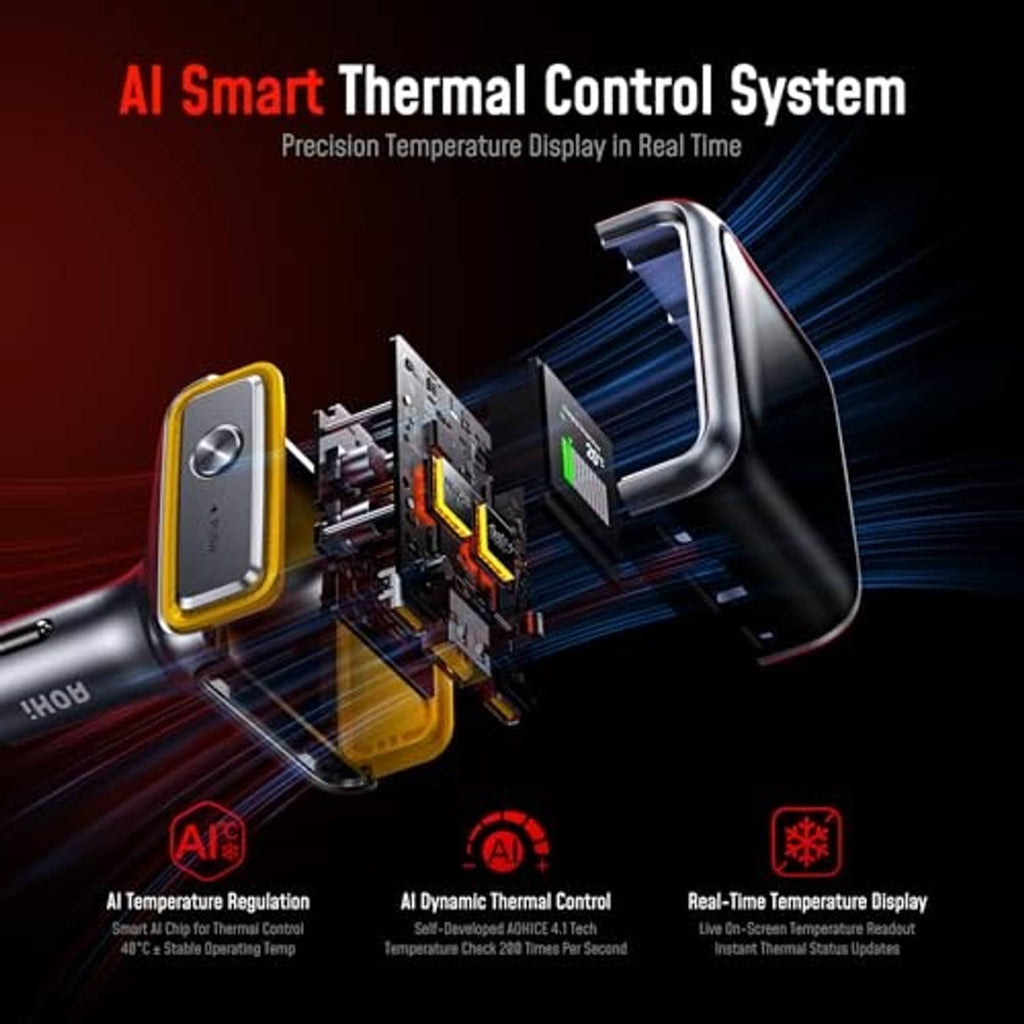 Car charger with cutaway showing internal thermal control circuits and real-time heat parts