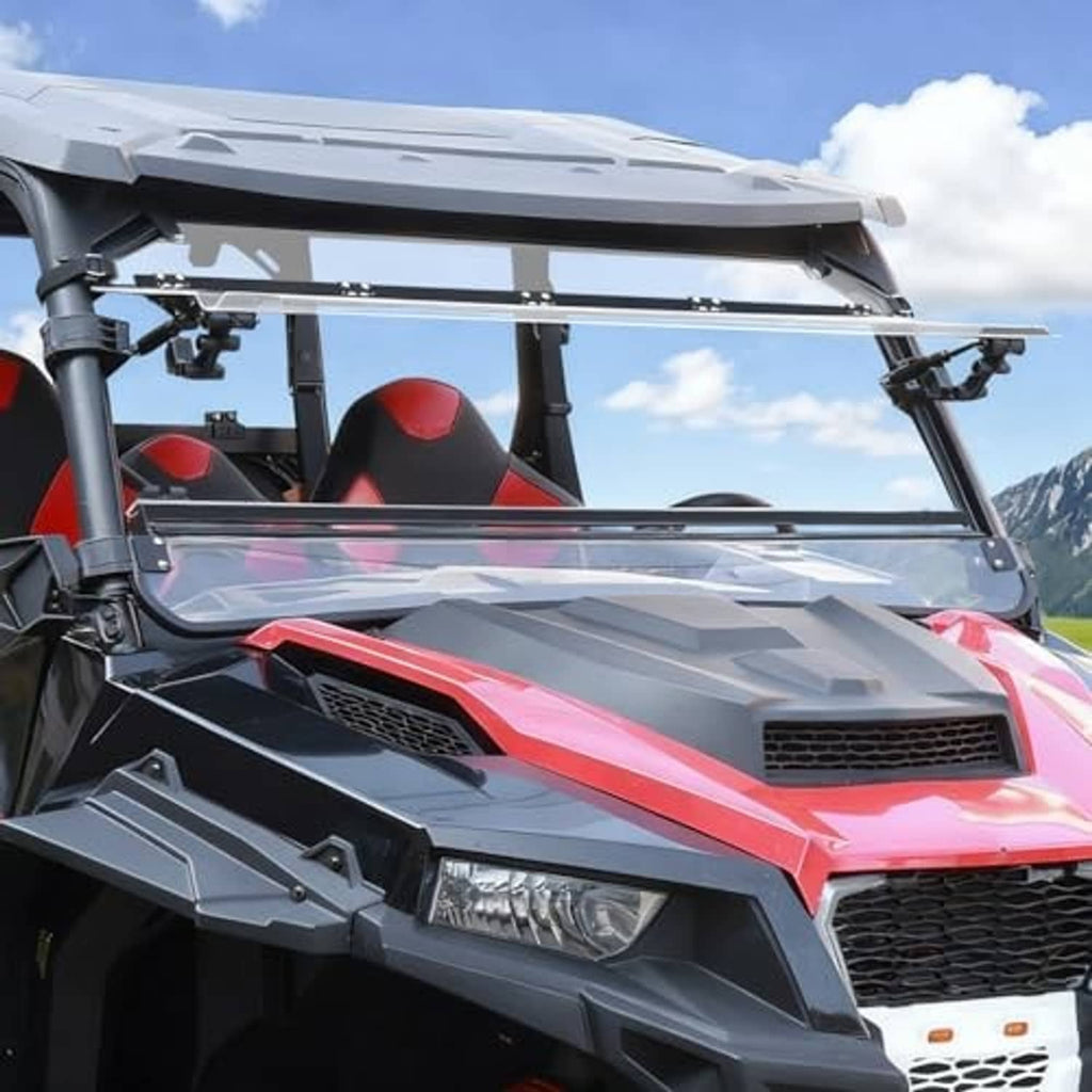 UTV front flip-up windshield with clear tinted panel and side support bars
