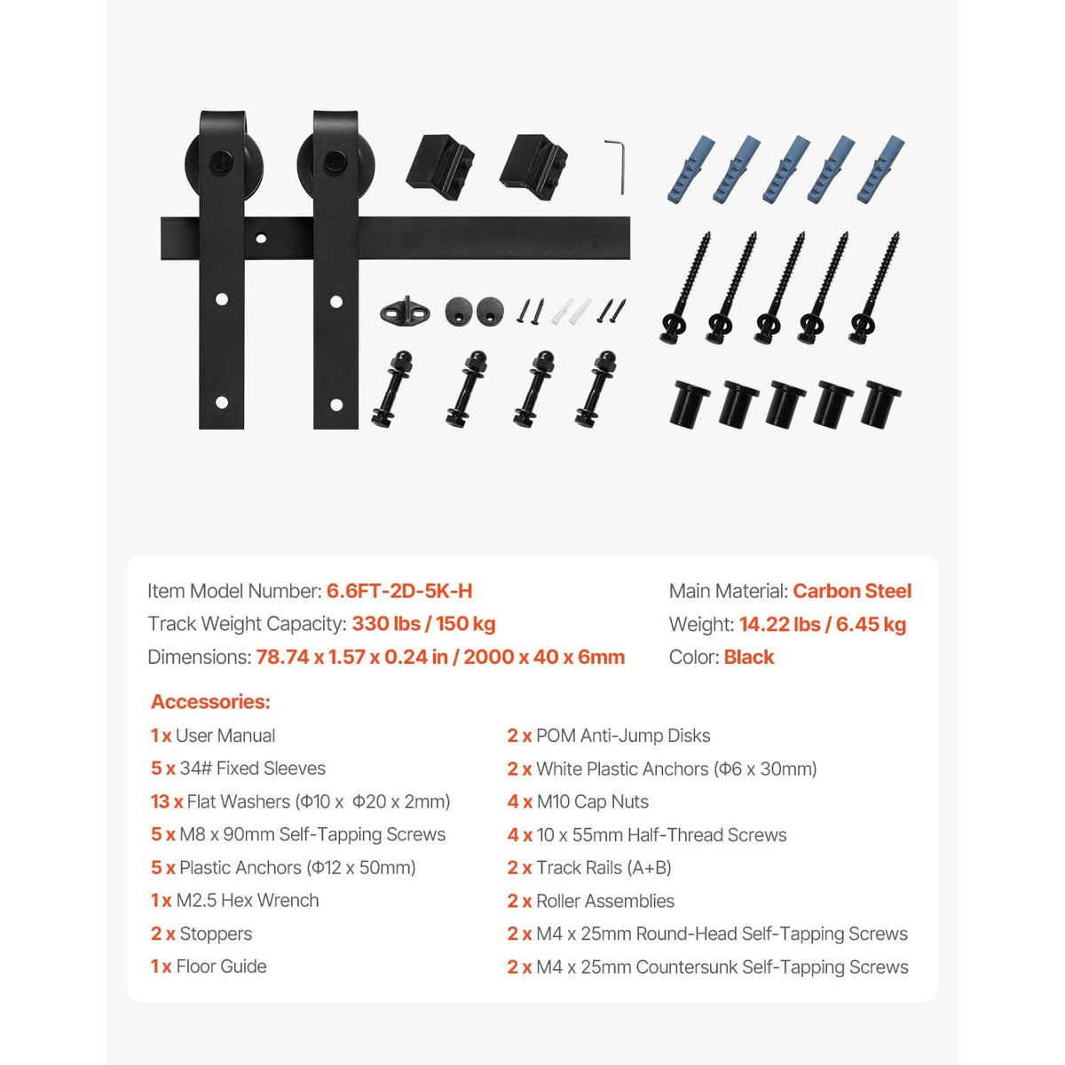 Black sliding barn door hardware kit parts: track, hangers, rollers, and screws