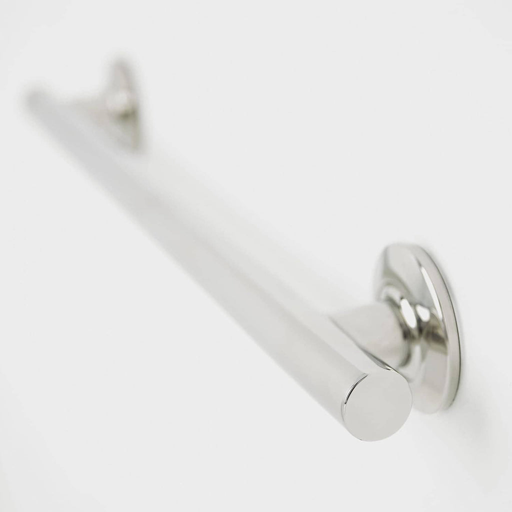 Polished stainless steel shower grab bar with round end flange and grip