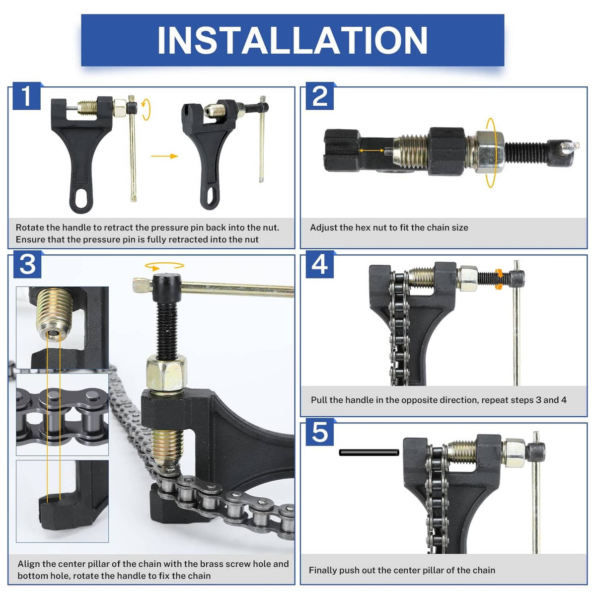 #35 chain installation kit with chain breaker tool and centering pin steps