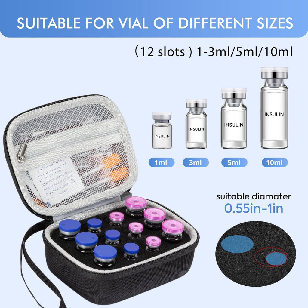 Open black 12-slot insulin vial case holding multiple vial sizes