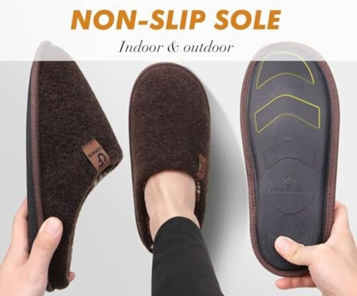 Dark brown slippers with textured non-slip sole underside