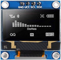 OLED SSD1306 module, blue board; black 128x64 display with I2C header labels.