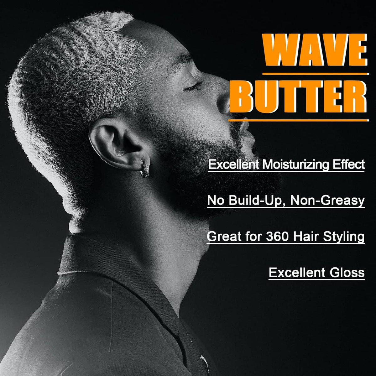 Man with short 360 wave hairstyle and GOIPLE Wave Butter branding, dark glossy look