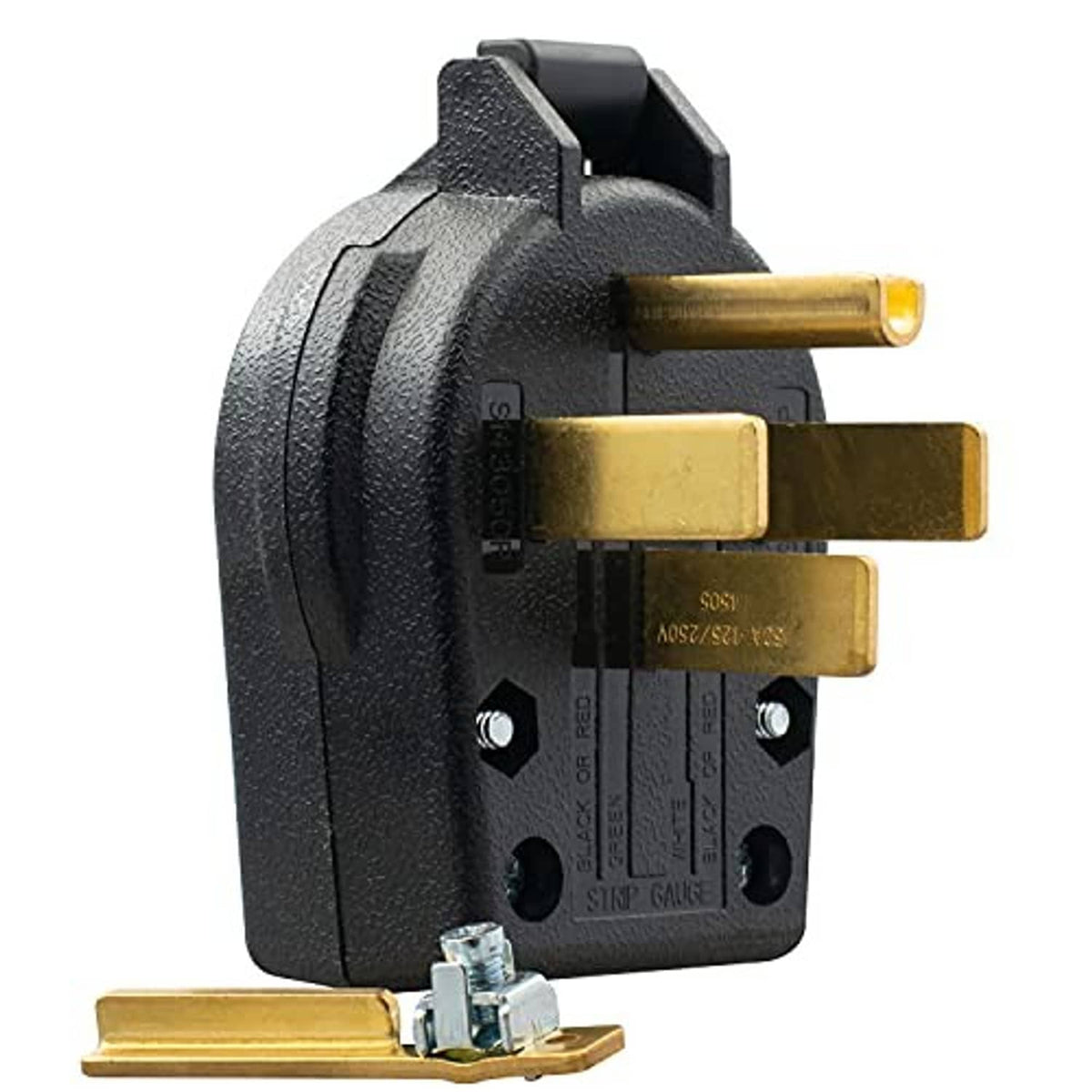 4-prong NEMA dryer/range plug, black body with gold-toned prongs