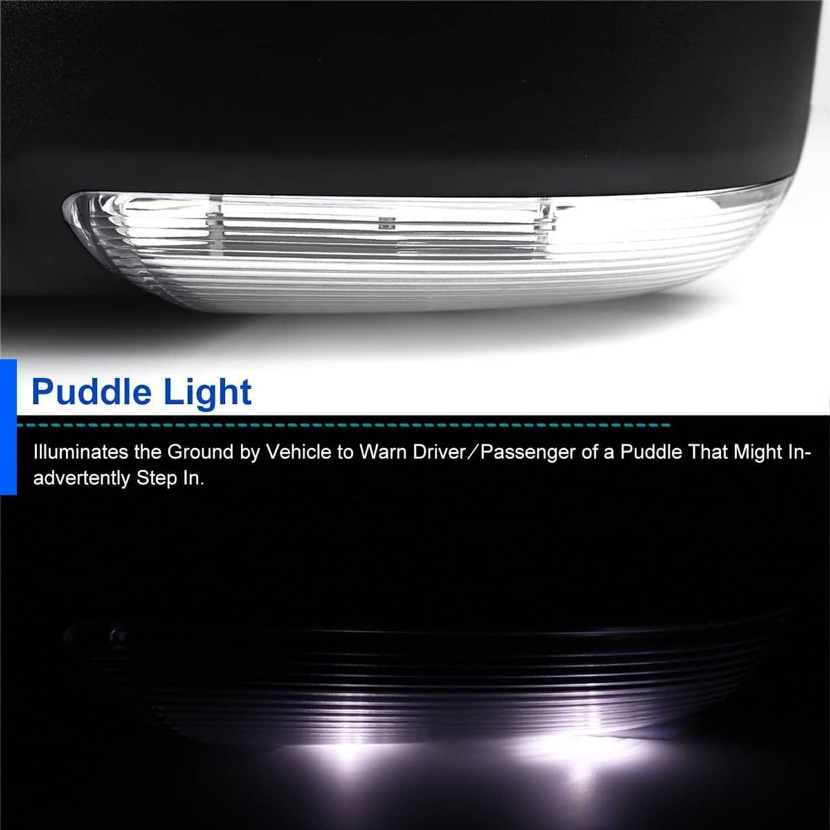 Driver-side mirror with illuminated puddle light strip under the housing