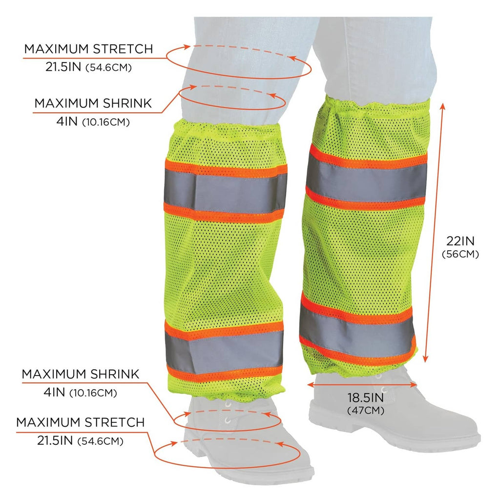 Lime mesh leg gaiters with orange reflective stripes, shown with stretch and shrink measurements