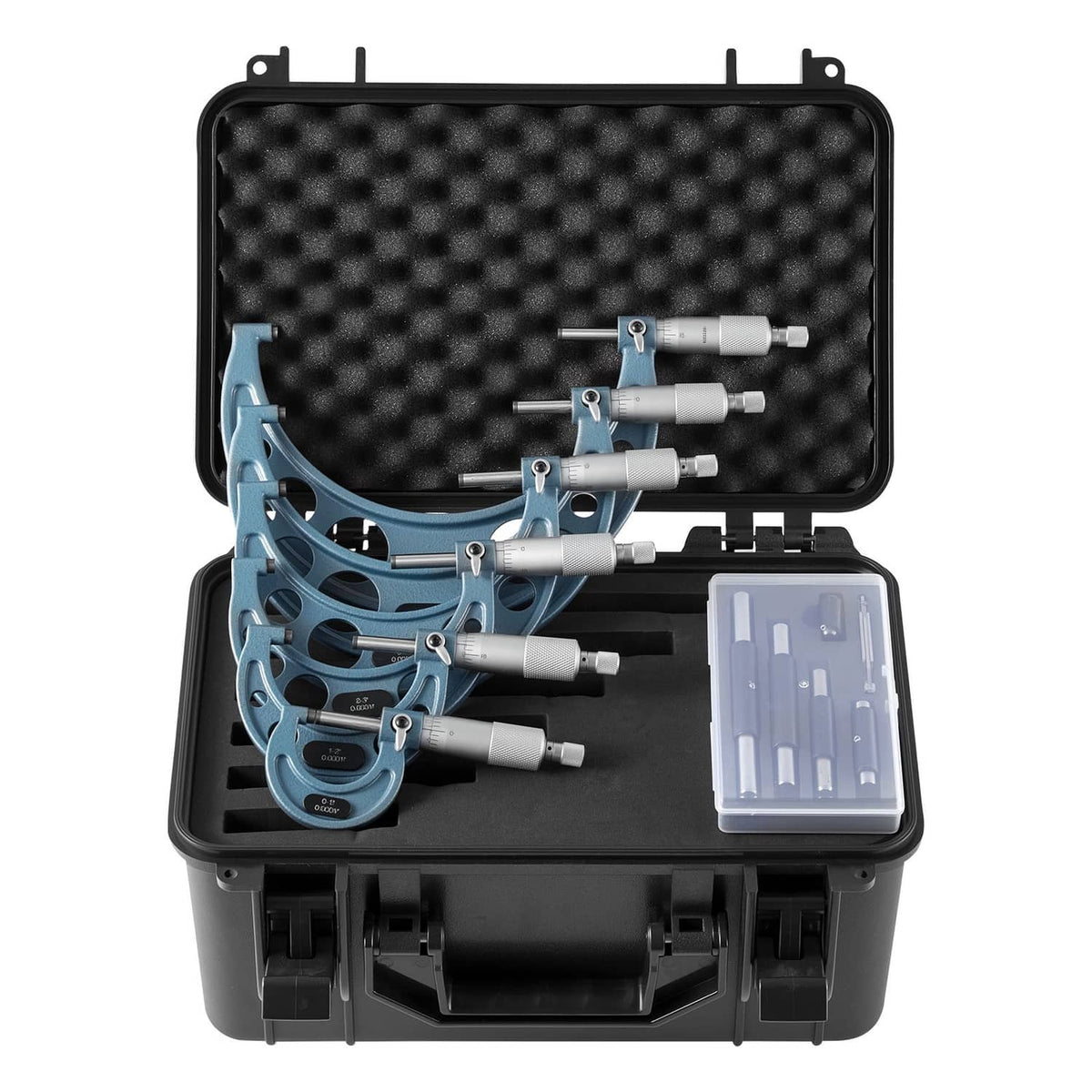 Precision micrometer set in hard case with multiple blue instruments and inserts