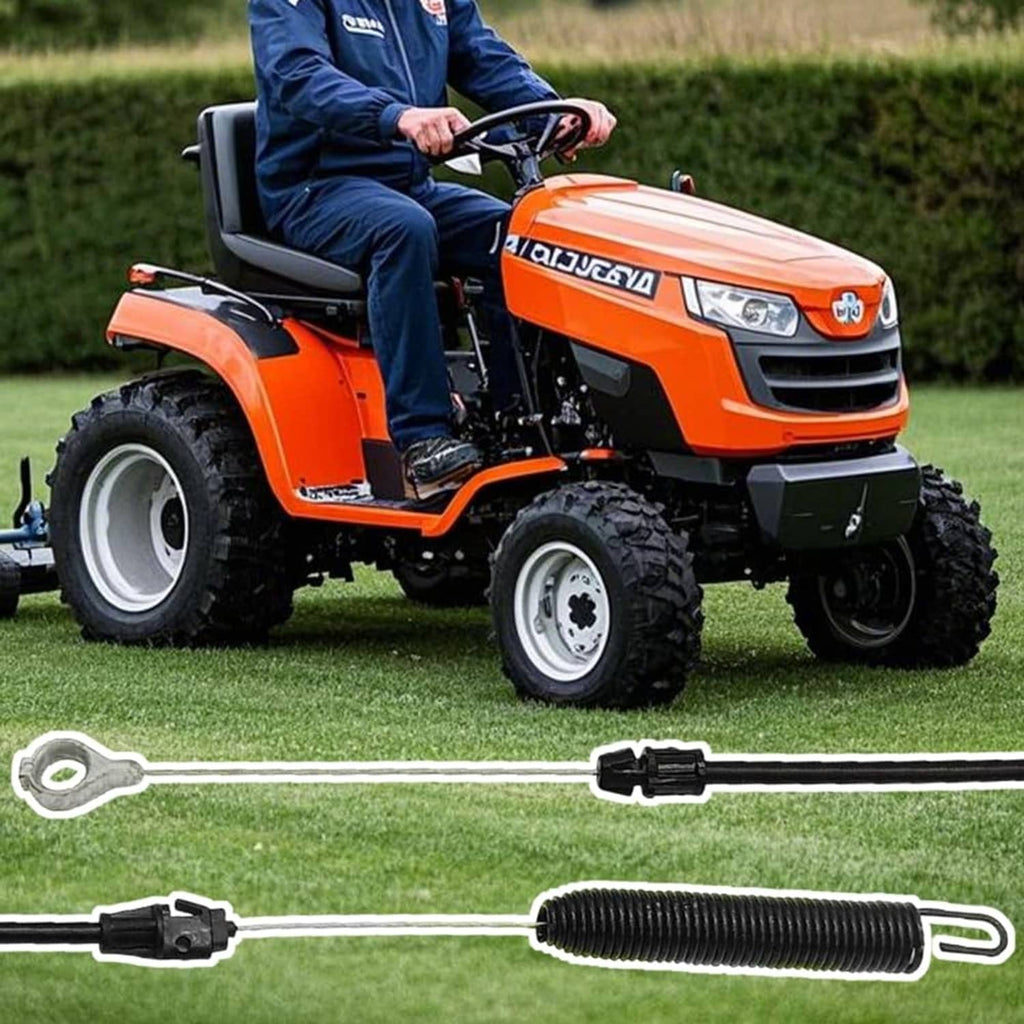 Deck engagement cable with coiled spring and black connectors on lawn tractor