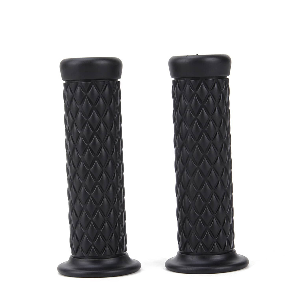 Black motorcycle handlebar grips with diamond crosshatch texture and tapered ends