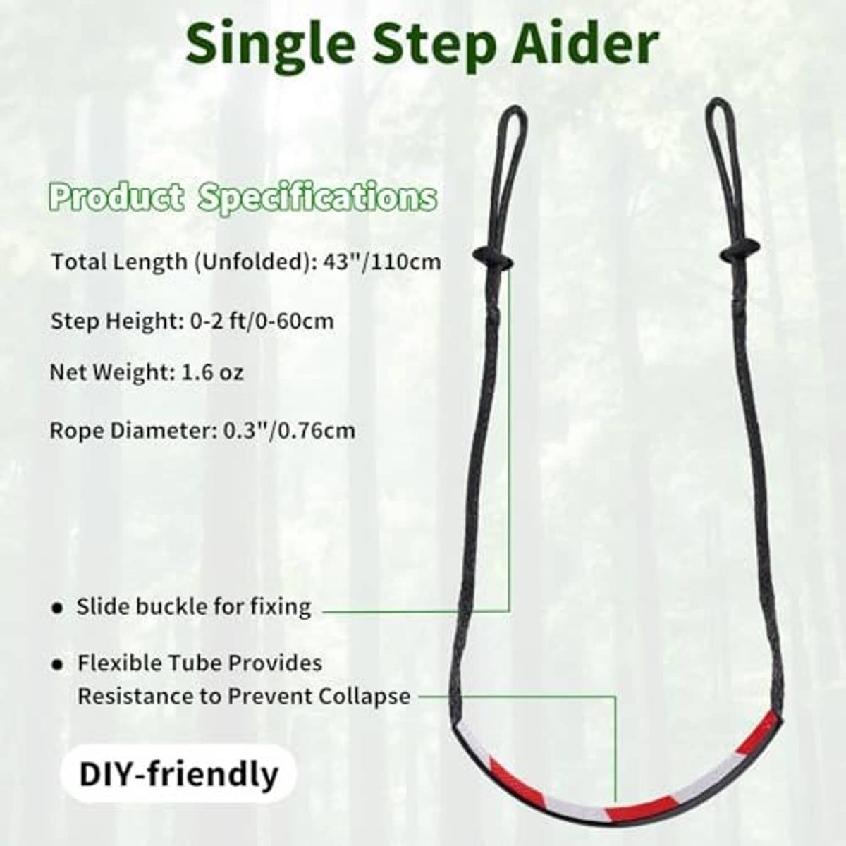 Single step aider with two rope straps and U-shaped step loop with red trim