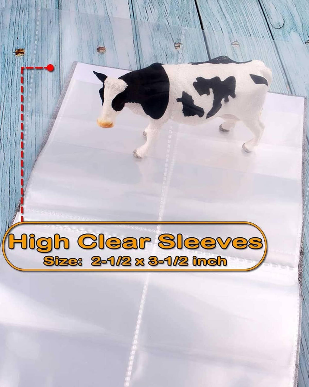 Clear plastic photo sleeves for mini album, stacked with cow-print photo visible