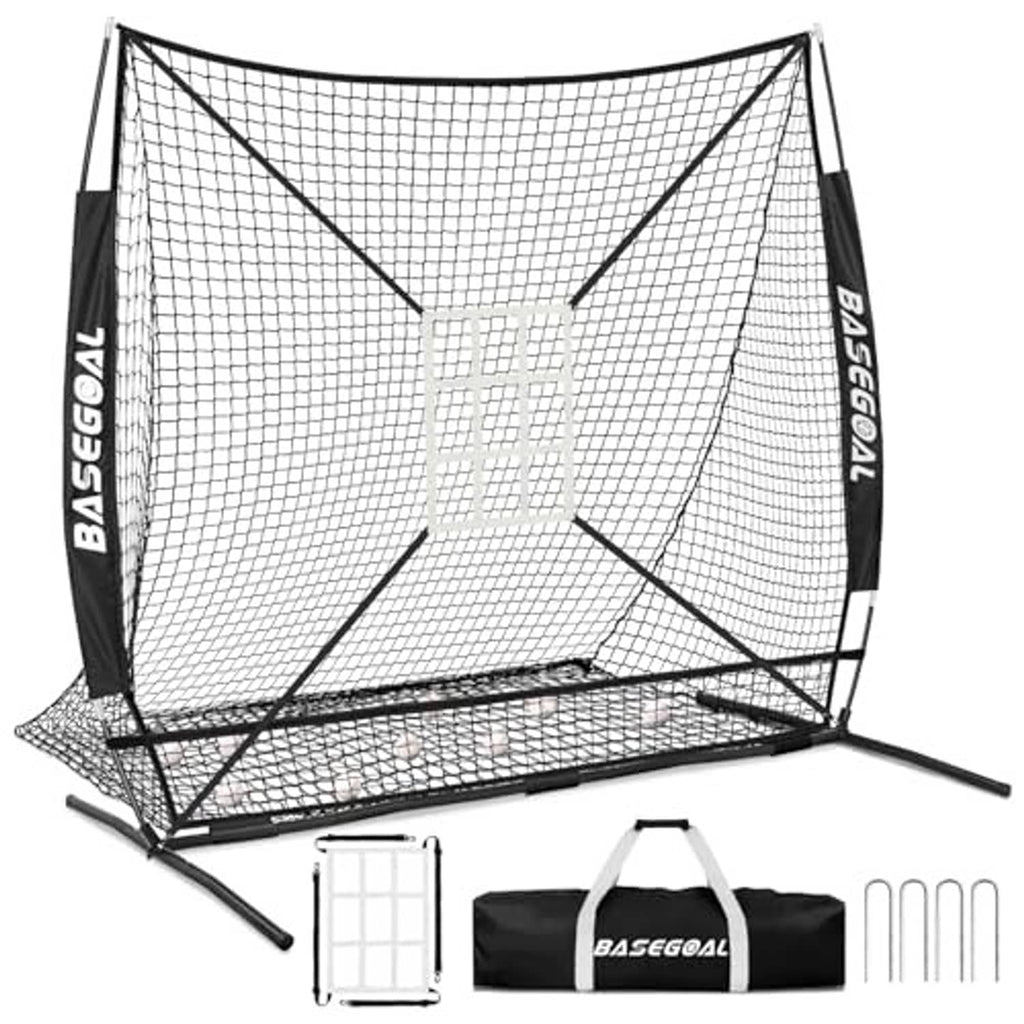 6x6 ft baseball softball practice net with black frame, white mesh, and side panels