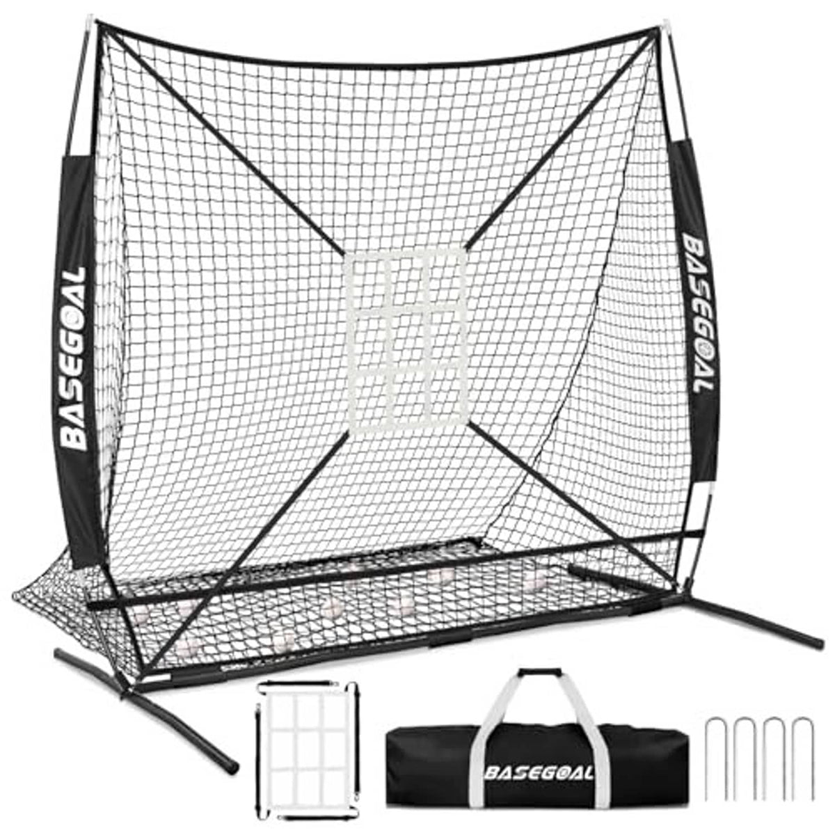 6x6 ft baseball softball practice net with black frame, white mesh, and side panels