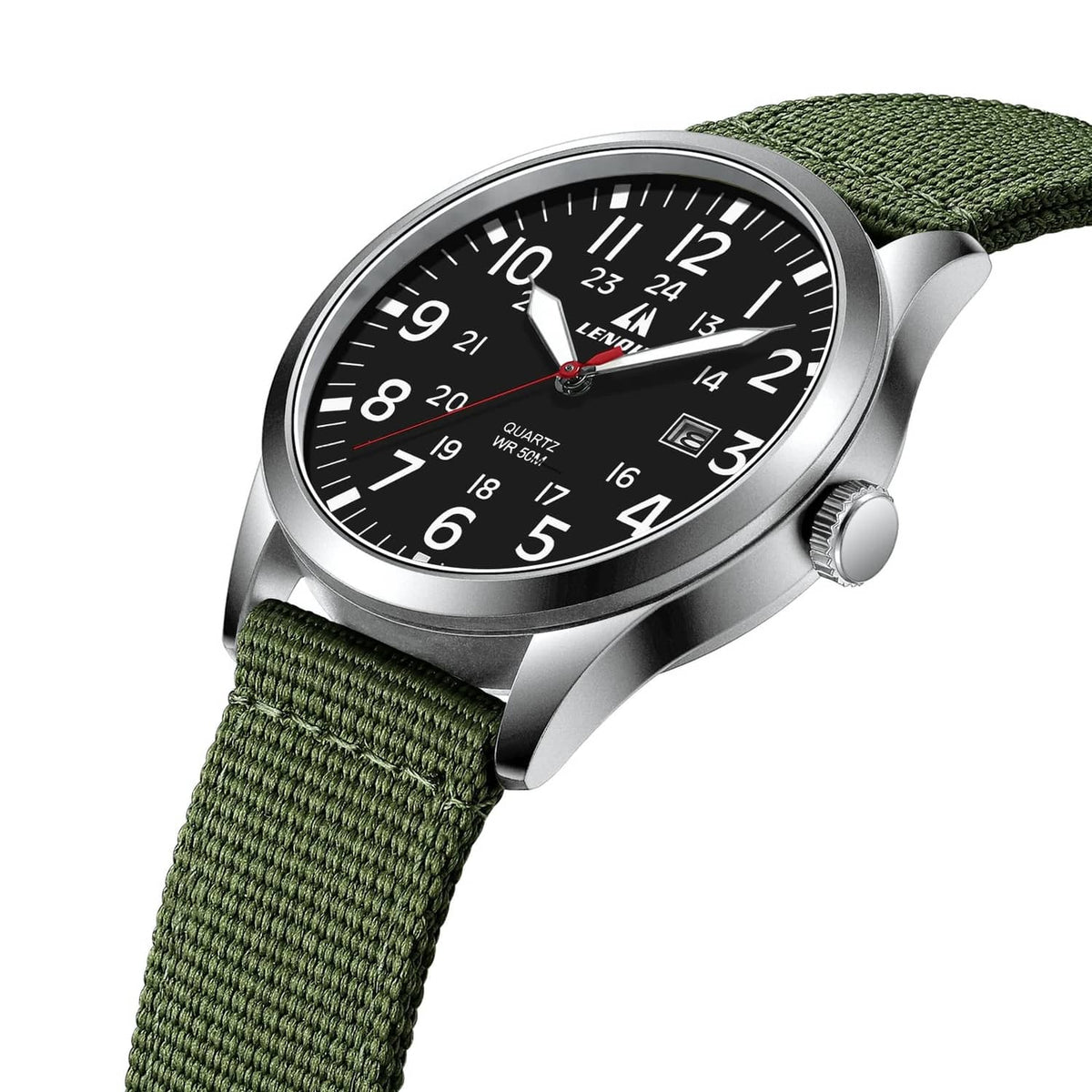 Men's military sport analog watch angled view, silver case, black dial, green nylon strap