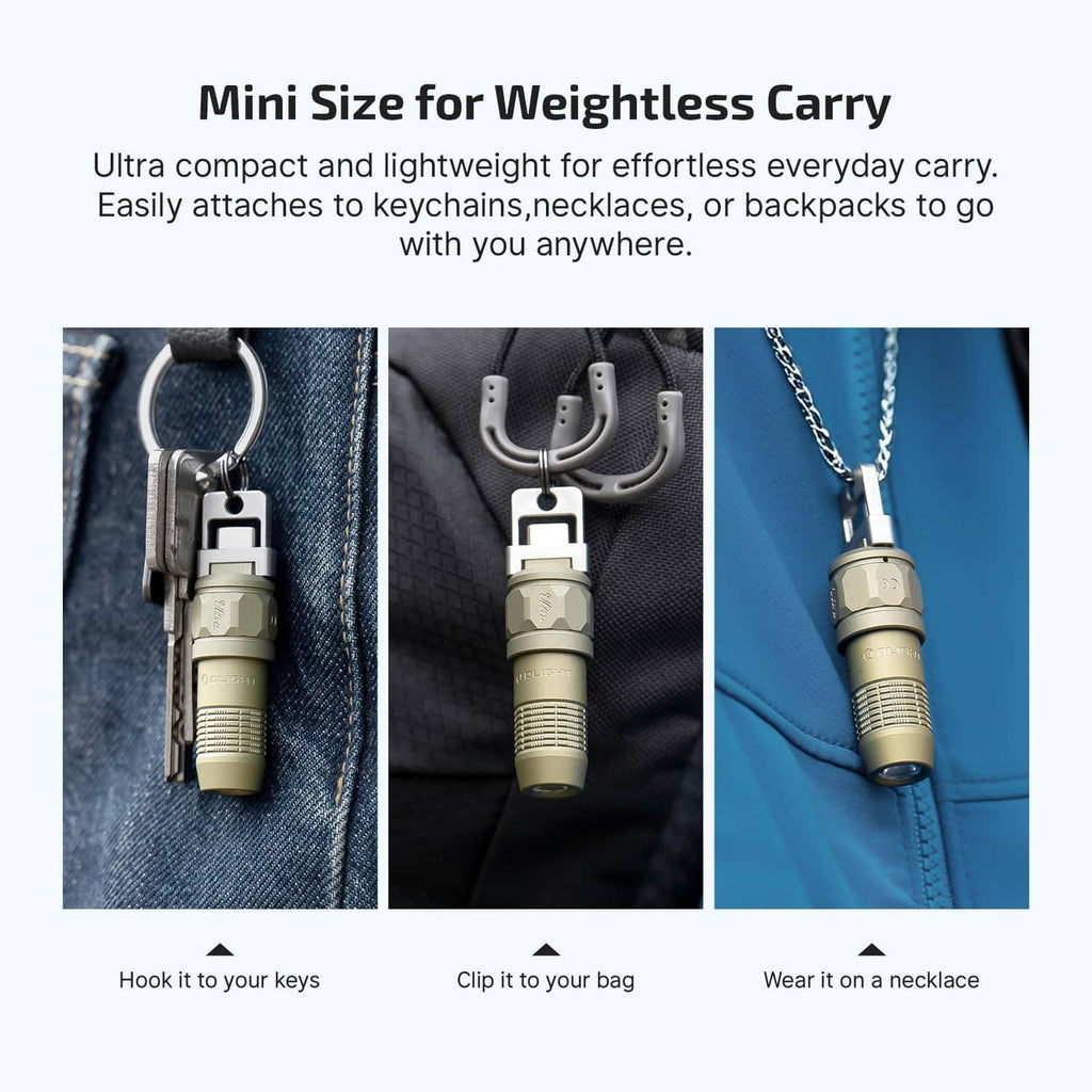 Olive green mini LED flashlight attached to keyring, bag clip, and necklace