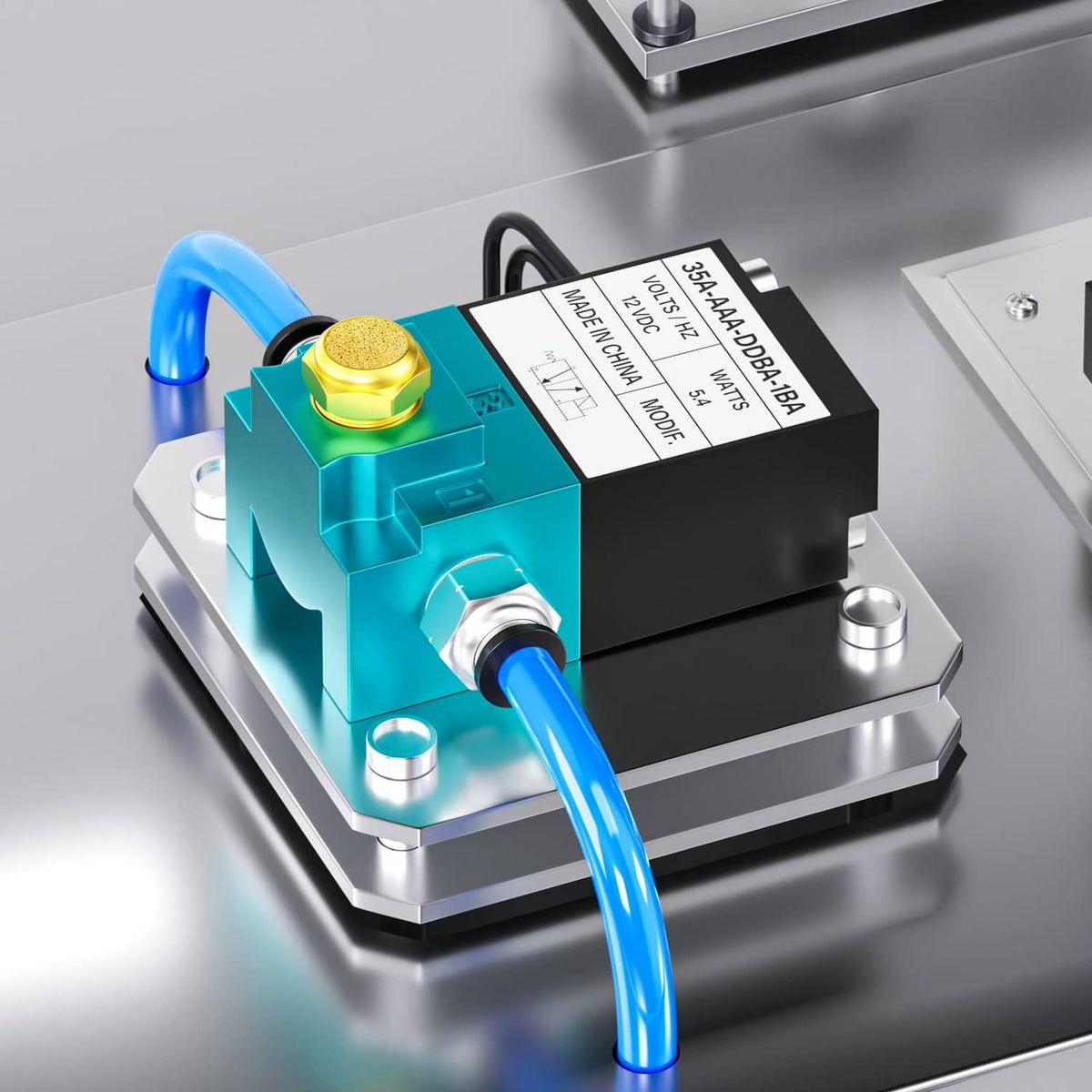 DC12V pneumatic valve on metal base with blue tubing and brass inlet fitting