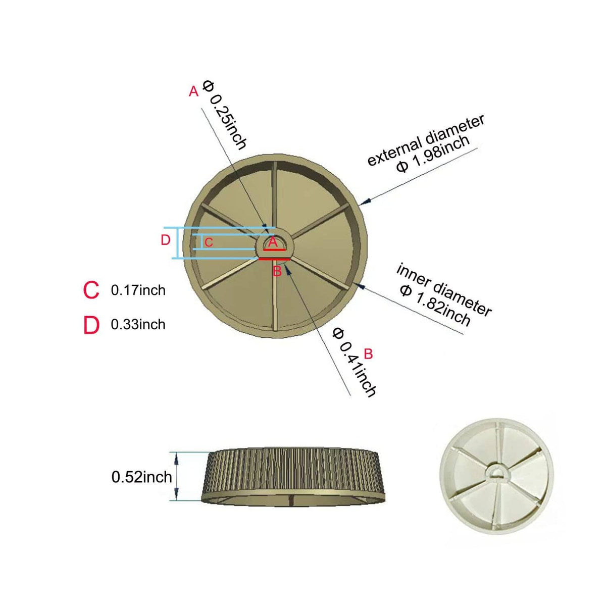 Replacement thermostat dial knob for baseboard heater, round with measurement diagram