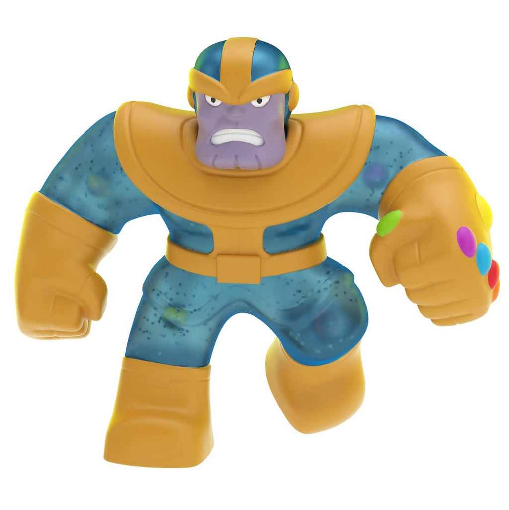 Stretchy Thanos action figure with blue-and-gold suit, purple face, and raised fists