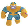 Stretchy Thanos action figure with blue-and-gold suit, purple face, and raised fists