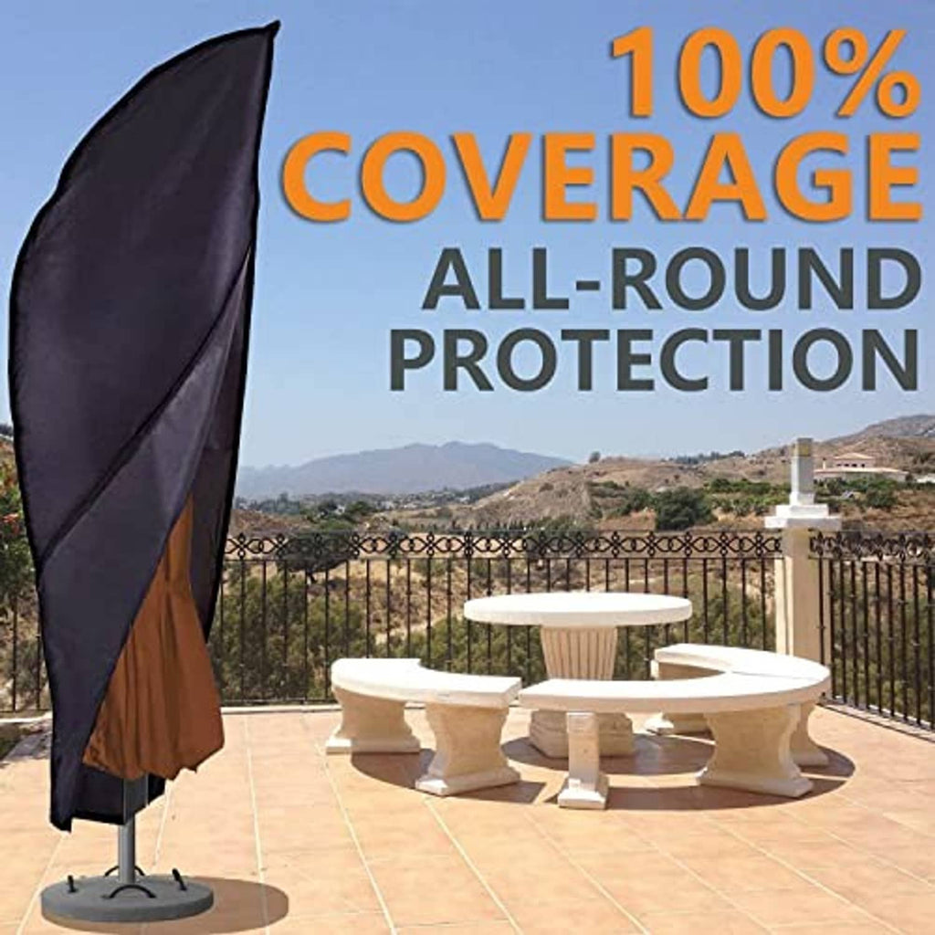 Black cantilever umbrella cover fully draped over an offset umbrella stand