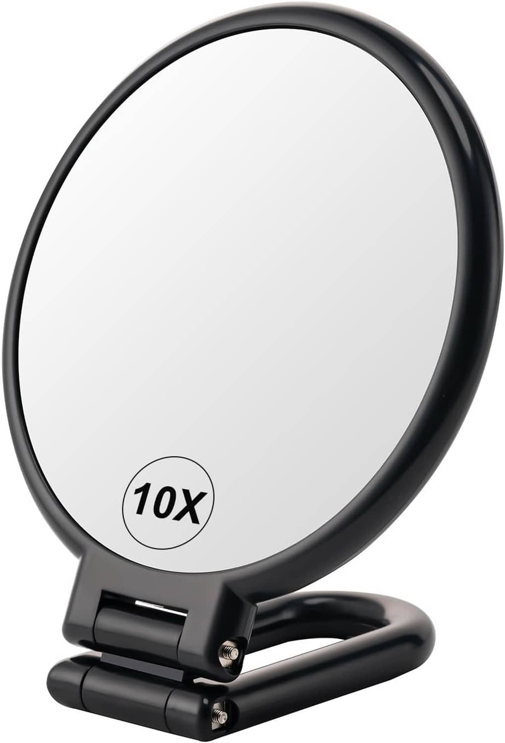 Black 10x magnifying handheld makeup mirror with foldable stand, close-up round glass
