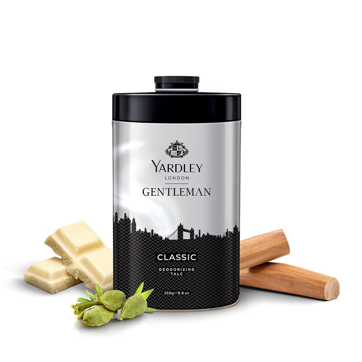 Yardley talcum powder canister, black lid and silver body with Classic deodorizing label