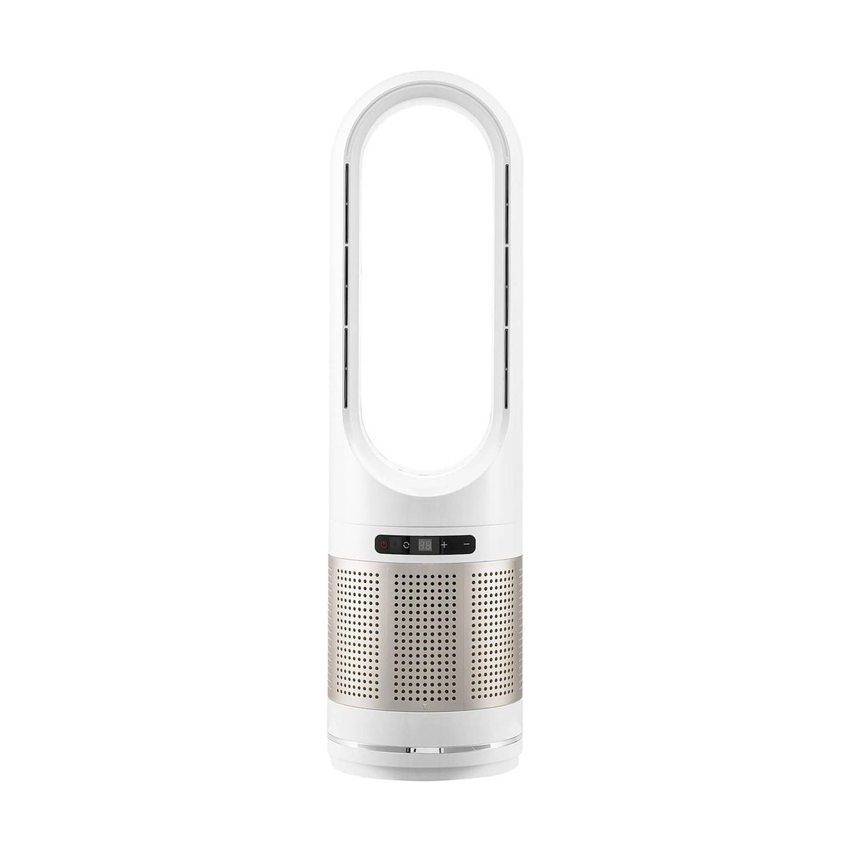 Uimoso white bladeless tower fan front view with oval air outlet and lower vent grille