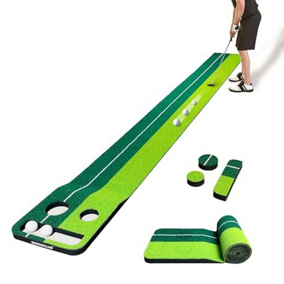 Indoor putting green mat with two holes, white balls, and a folded base section