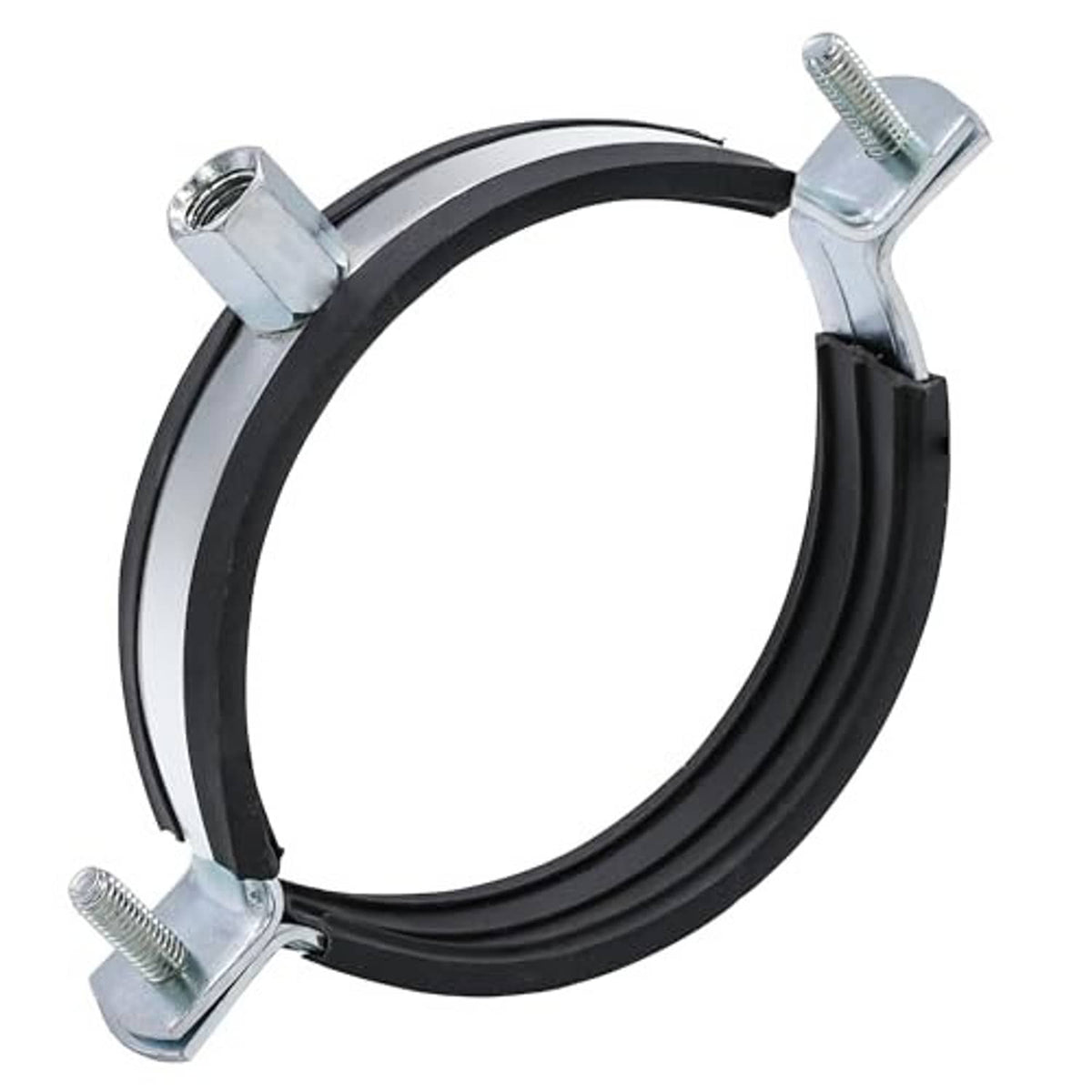 Black split ring pipe hanger with galvanized support brackets and threaded bolts