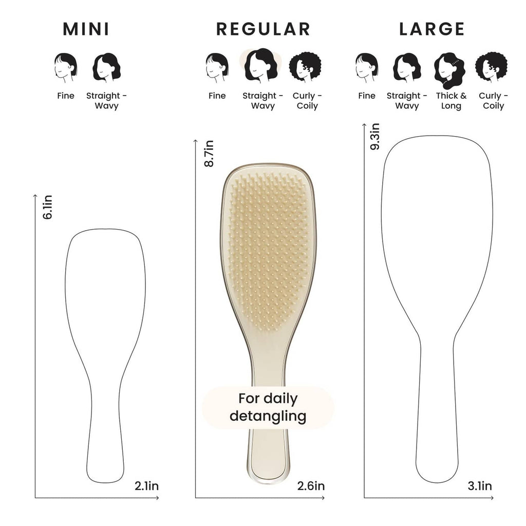 Detangling hairbrush size chart with mini, regular, and large silhouettes