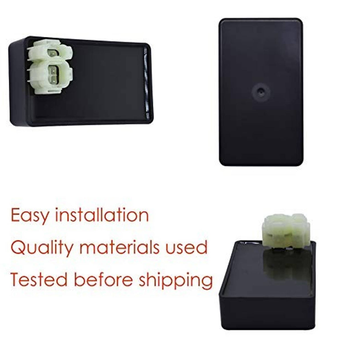 Black ignition control box with white connectors, front and side views
