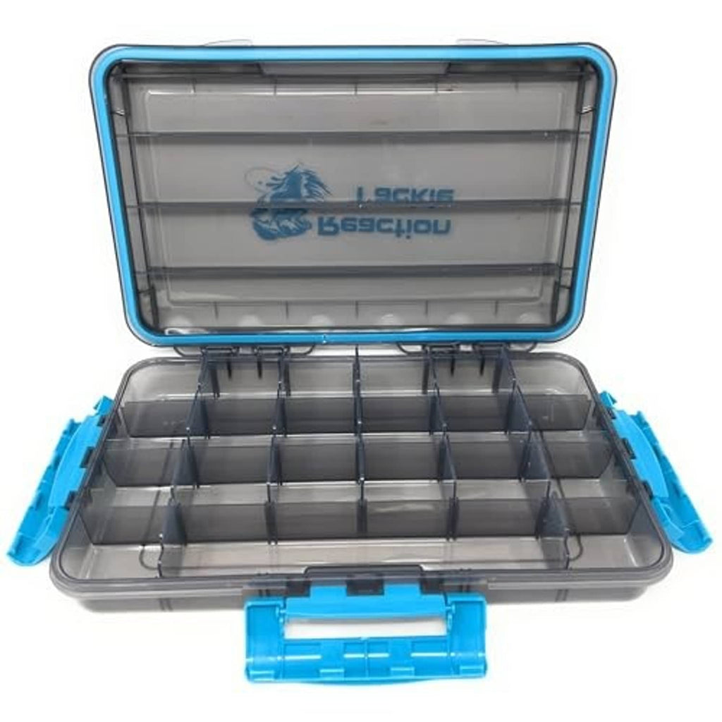 Open water-resistant tackle tray with transparent lid and grid compartments, blue latches