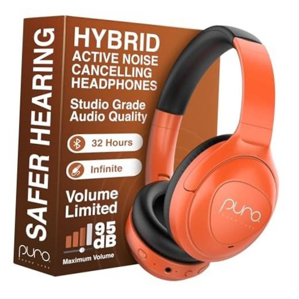 Orange over-ear kids hybrid noise-canceling headphones with black cushioned earcups