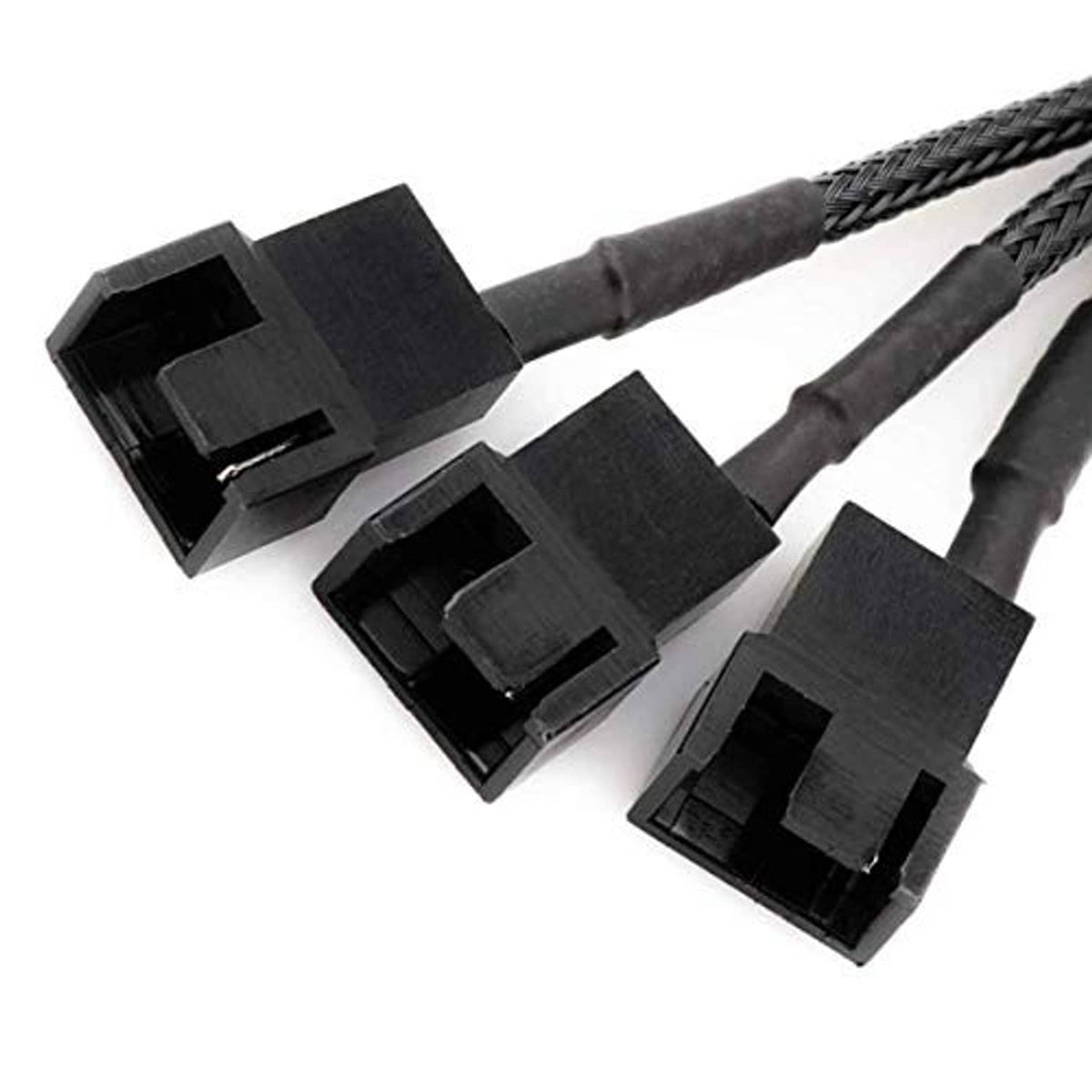 Three black 3-pin PC fan power connectors on braided cable ends