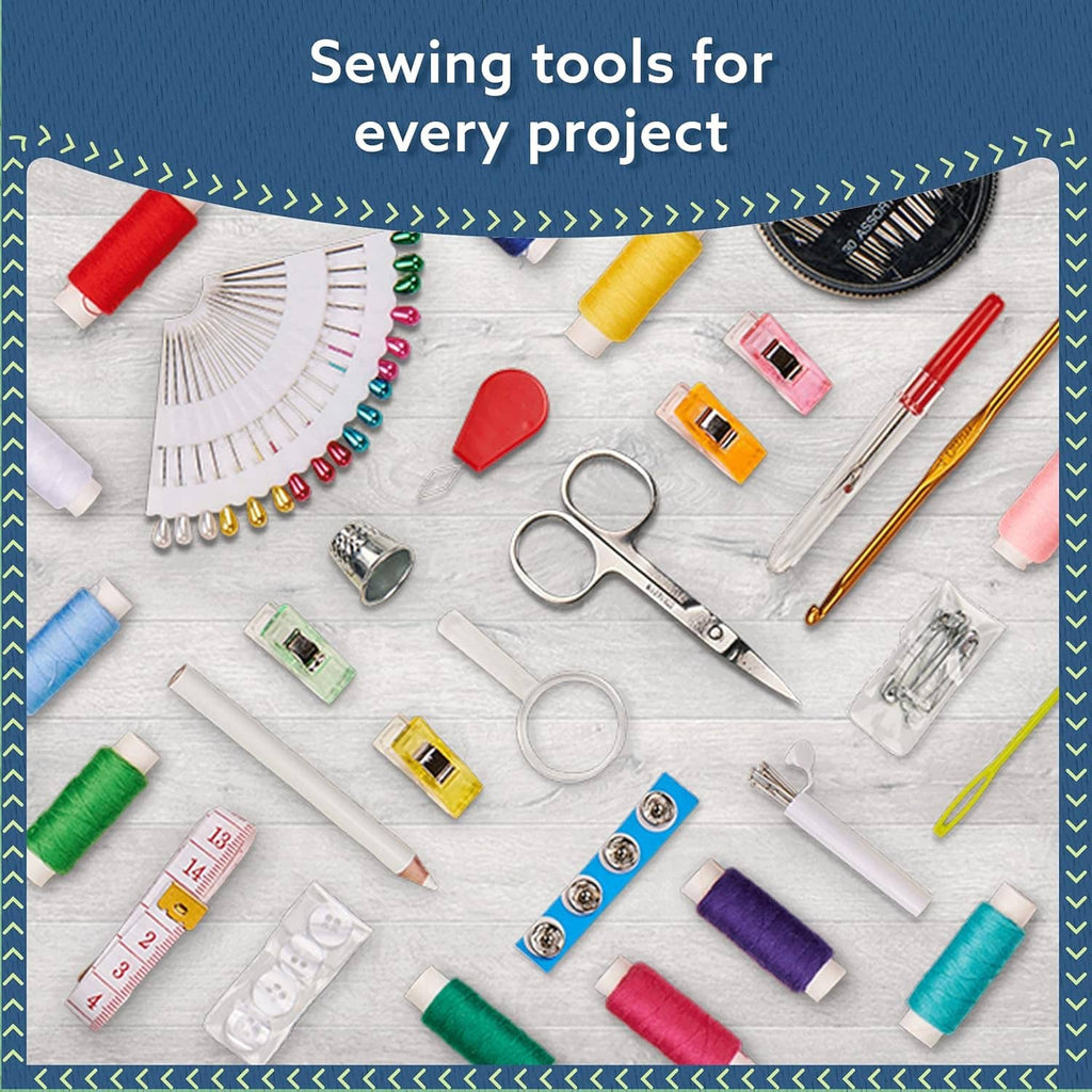 Assorted sewing tools including thread spools, clips, needles, scissors, and tape measure pieces