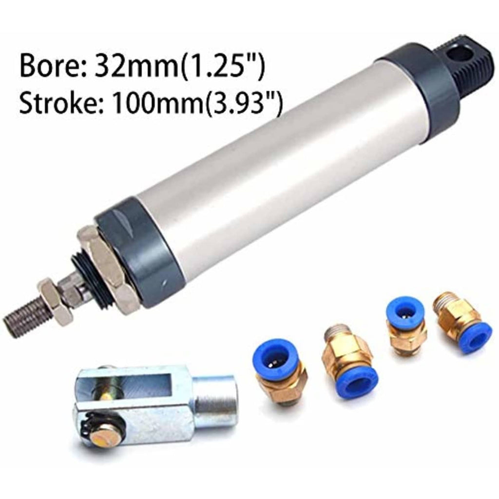 Pneumatic air cylinder assembly with single rod and included port fittings, full view.