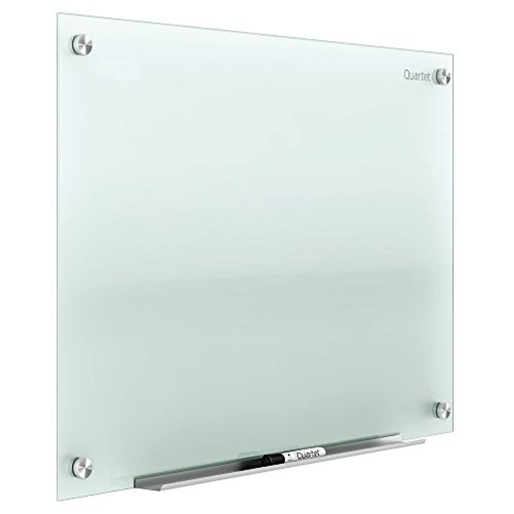 Quartet frosted glass dry erase whiteboard with bottom marker tray and metal corner mounts