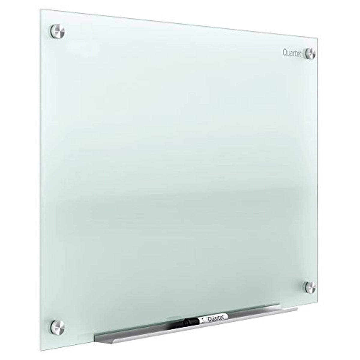 Quartet frosted glass dry erase whiteboard with bottom marker tray and metal corner mounts