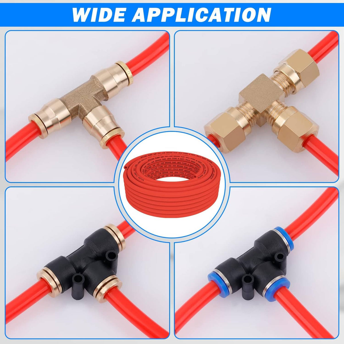 Red nylon air hose with multiple brass fittings and connectors, 50ft coil inset.
