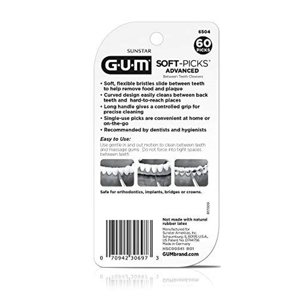 GUM Soft-Picks Advanced dental pick package back with 60 count and usage icons