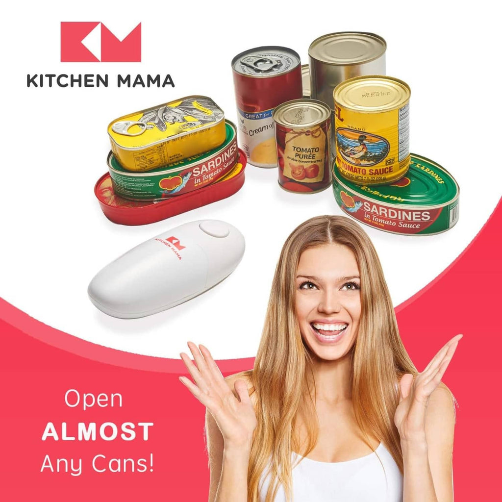 Kitchen Mama auto electric can opener, white opener near assorted cans and bowls