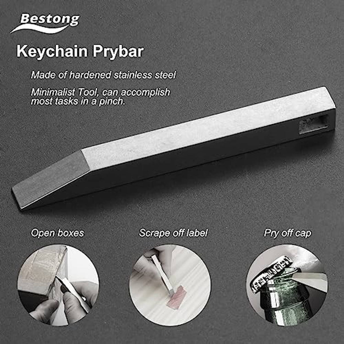 Stainless keychain prybar tool with flat blade and prying edge