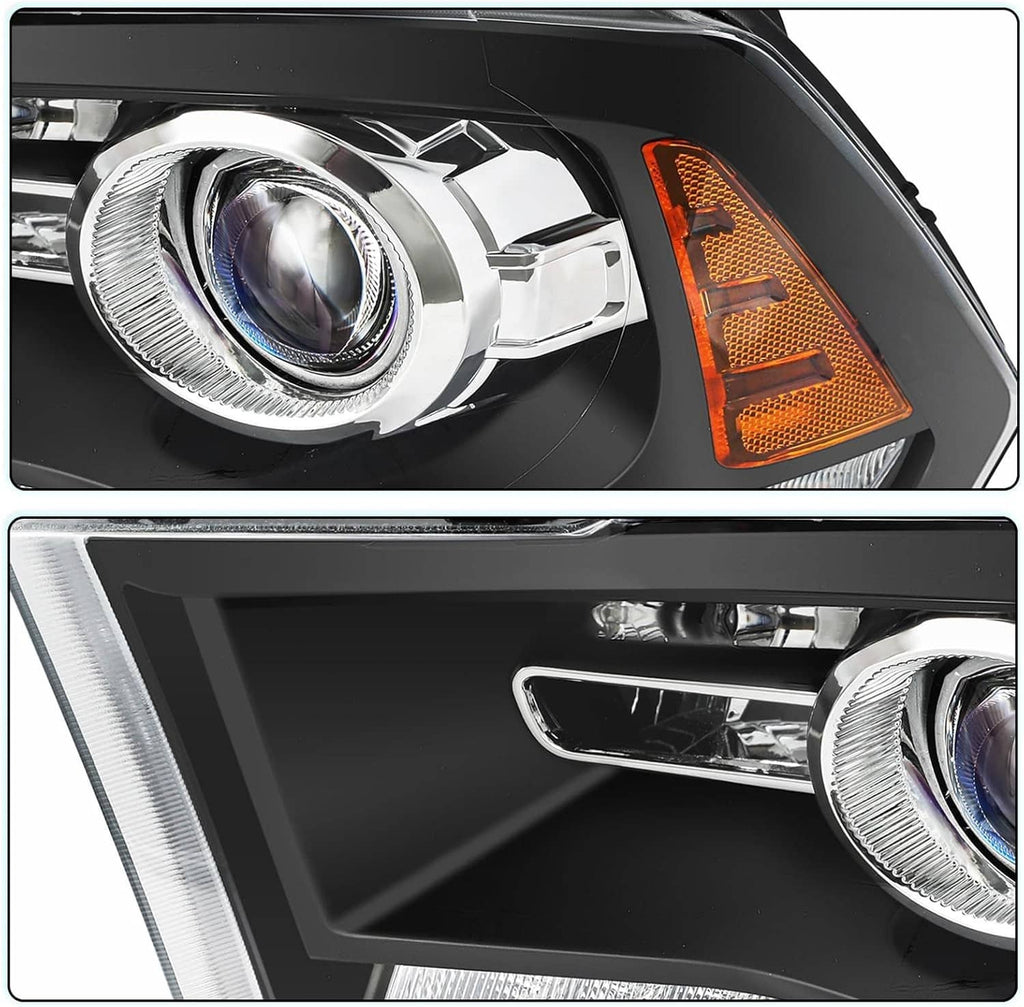 Black projector headlight close-up with chrome lens and amber side marker