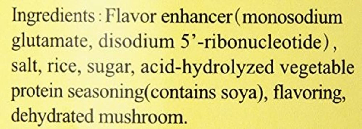 Granulated mushroom bouillon ingredient list with flavor enhancer and dehydrated mushroom