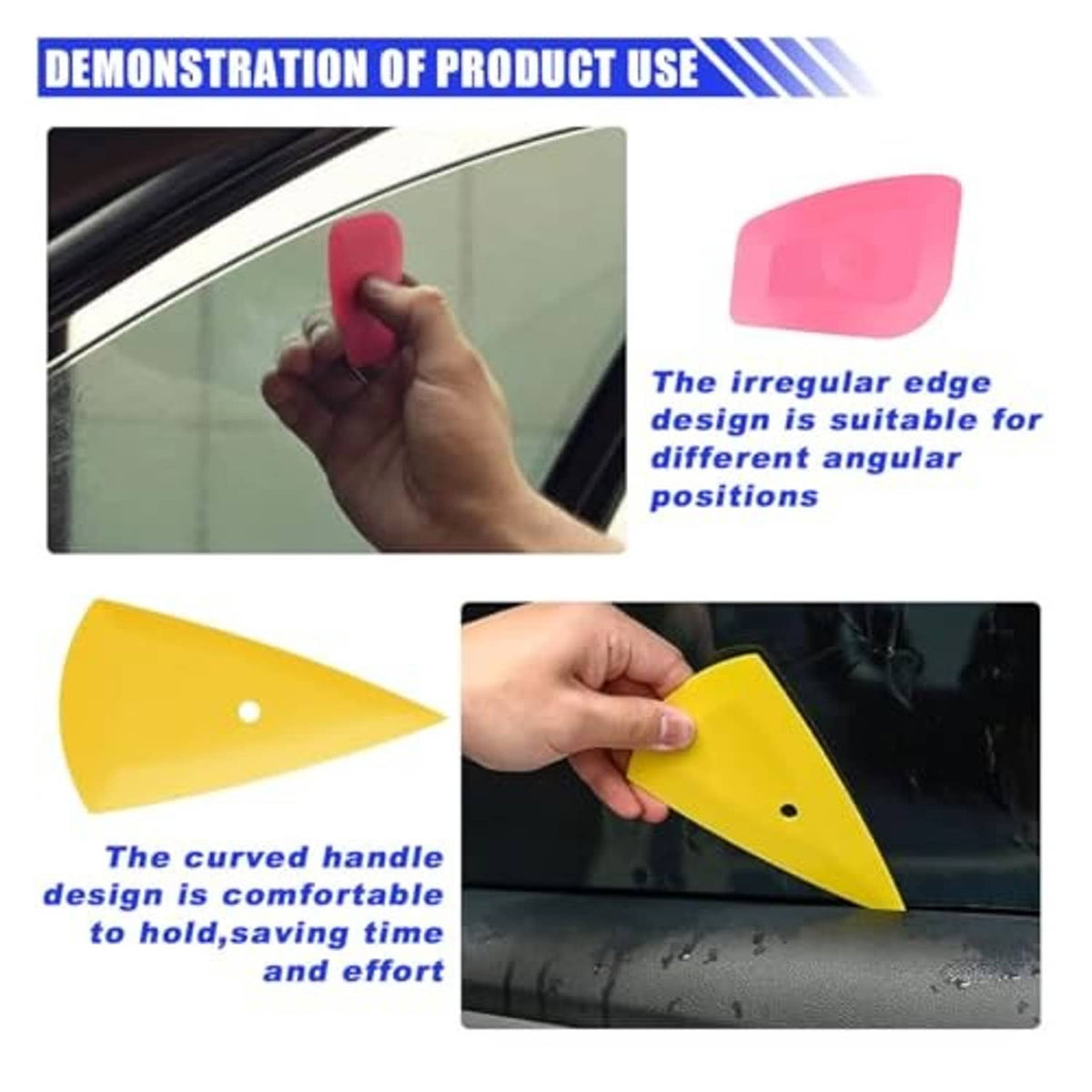 Window tint kit demonstration with curved handle and pink/yellow tint application on glass