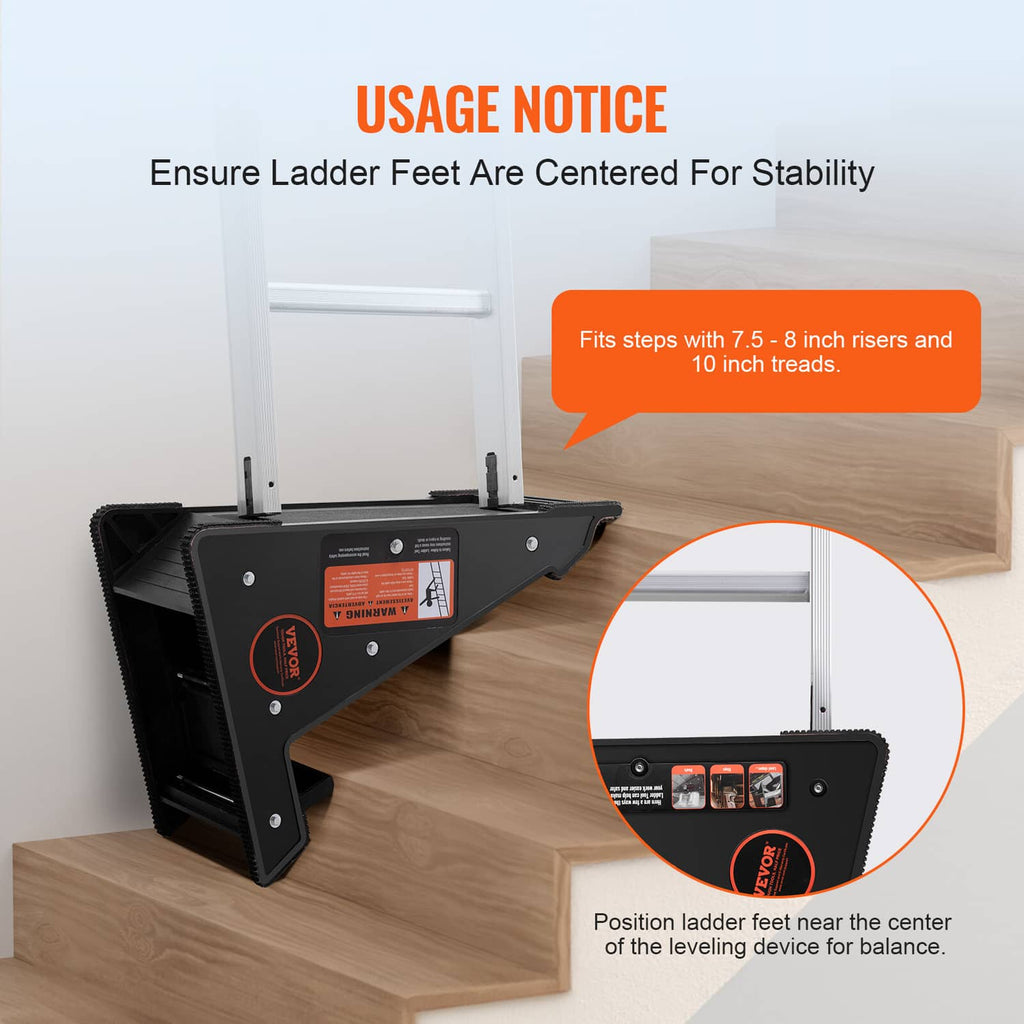 Black ladder leveling tool positioned on stairs with centered leveling feet