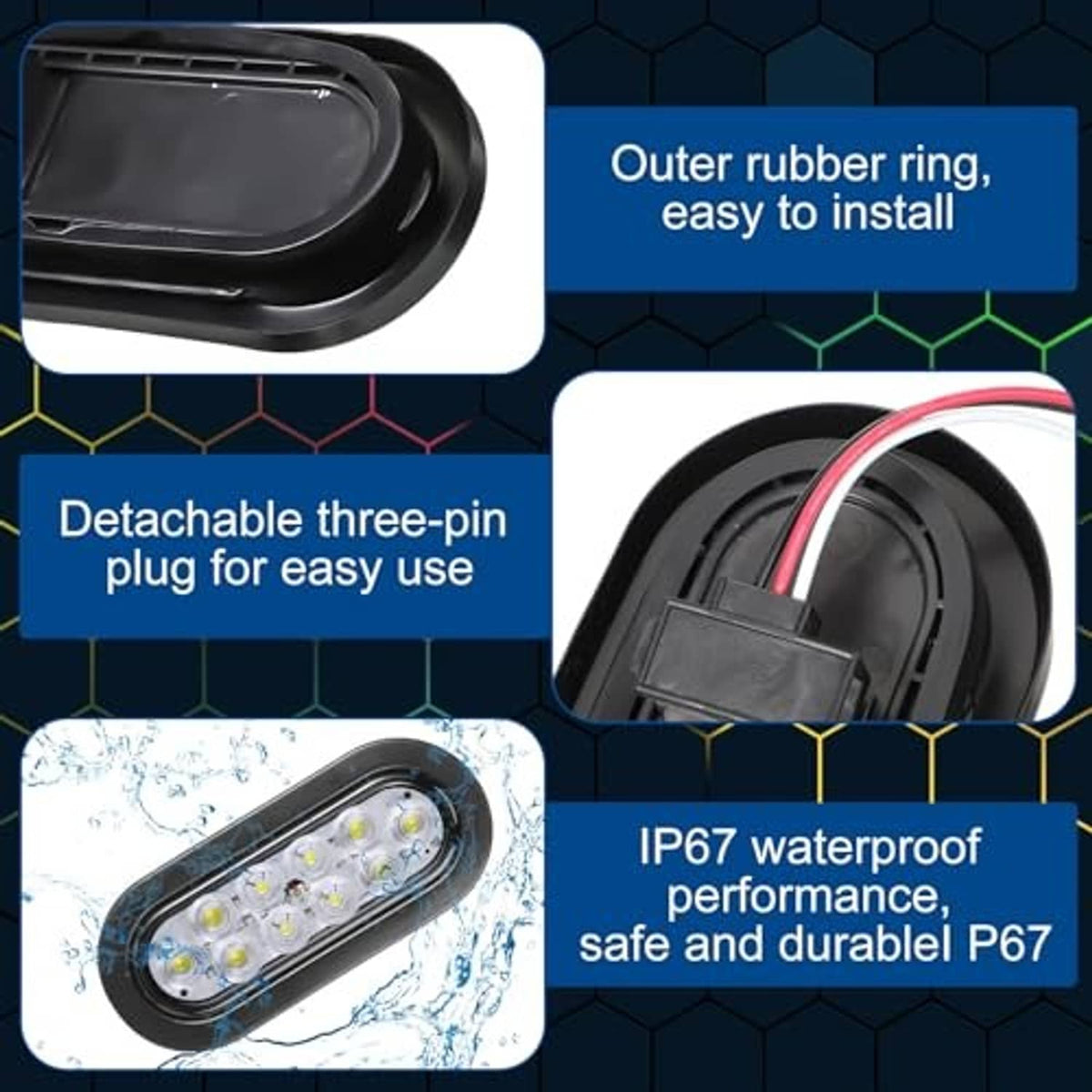Oval LED trailer light with black rubber outer ring and detachable three-pin plug